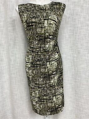 Harve Benard Olive and Black Printed Midi Sheath Dress